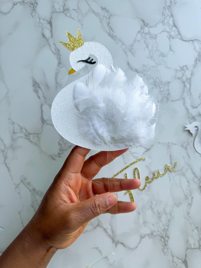 Feathered Swan Cake Topper: Glitter Crown Birthday Party Decor - Demi's Krafts