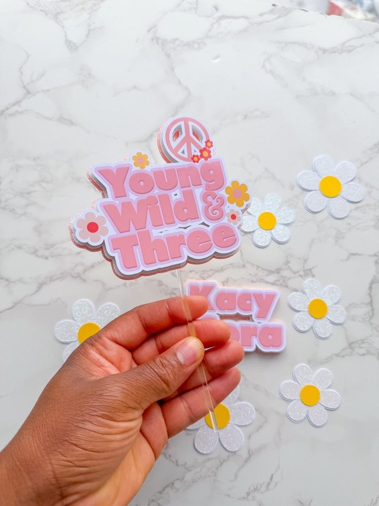 Personalised Young Wild and Three Cake Topper Set with Daisies - Demi's Krafts