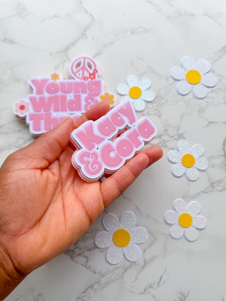 Personalised Young Wild and Three Cake Topper Set with Daisies - Demi's Krafts