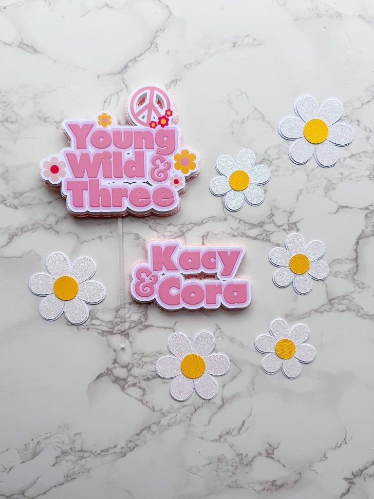 Personalised Young Wild and Three Cake Topper Set with Daisies - Demi's Krafts