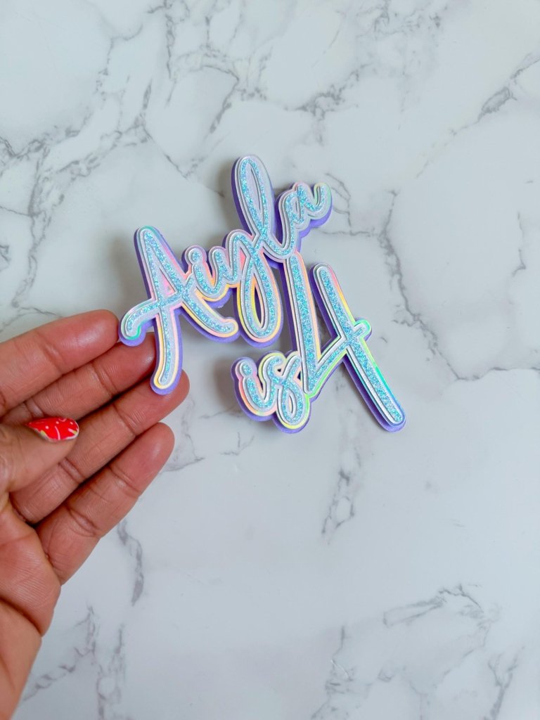 Personalized Blue Name and Age Cake Topper: Curly Font Icy Charm - Demi's Krafts